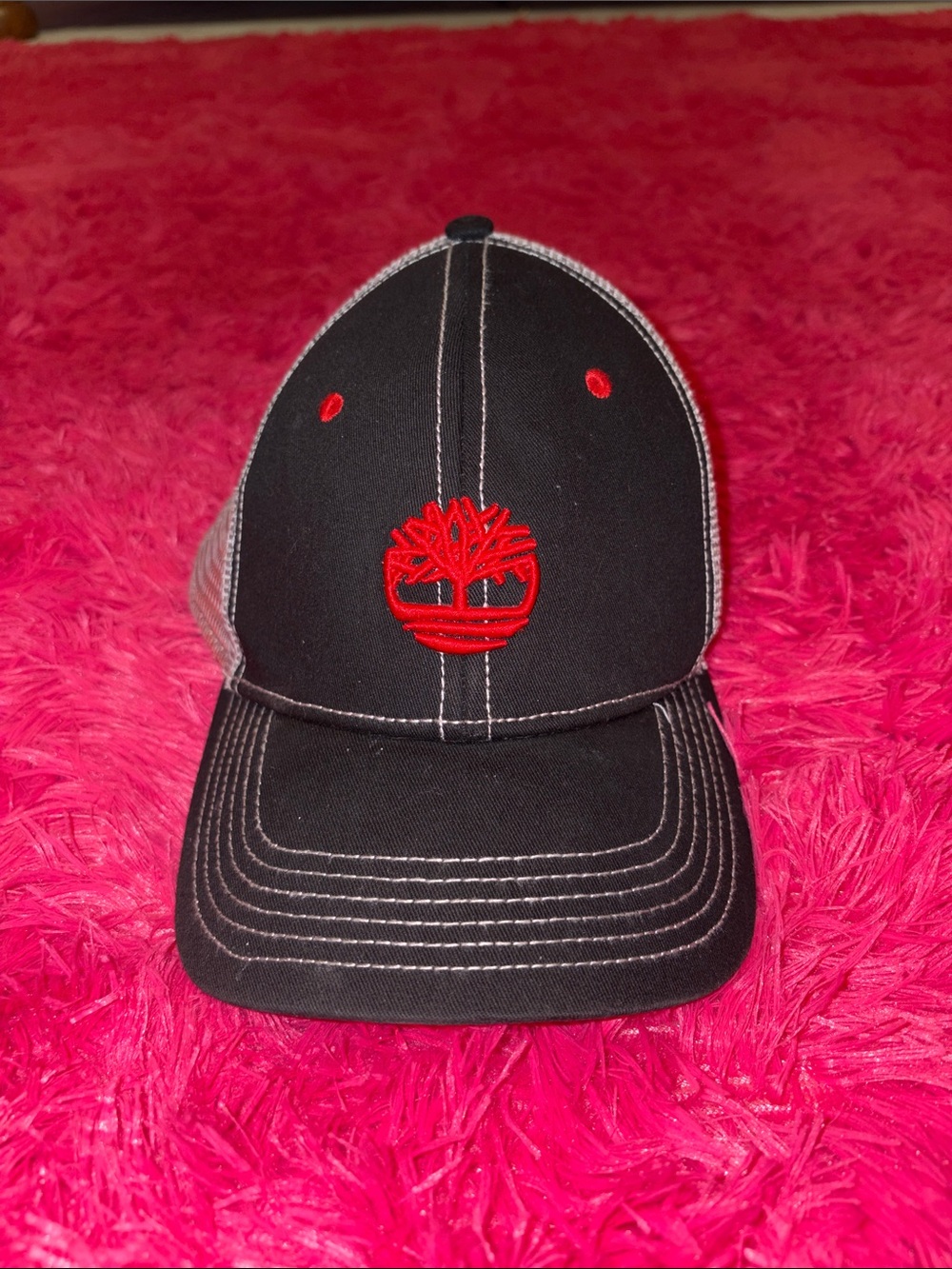 Timberland Black Cap with Red Tree Logo and White Stitching